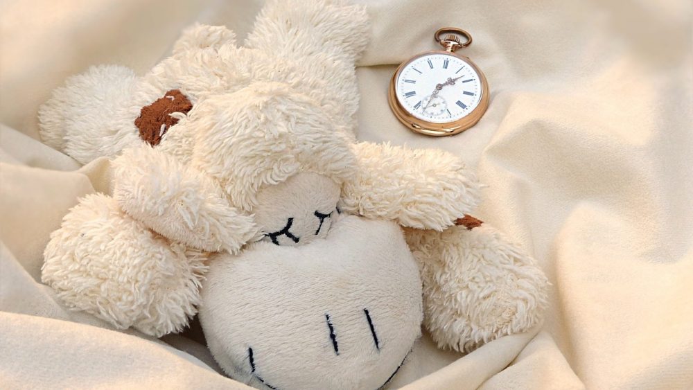 schlafendes-Kuscheltier-mit-Uhr-Wecker